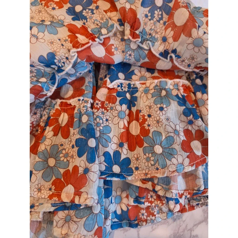 Cheeky Plum Girls Blue Orange Floral Smocked Tiered Flutter Sleeve Dress 6Y